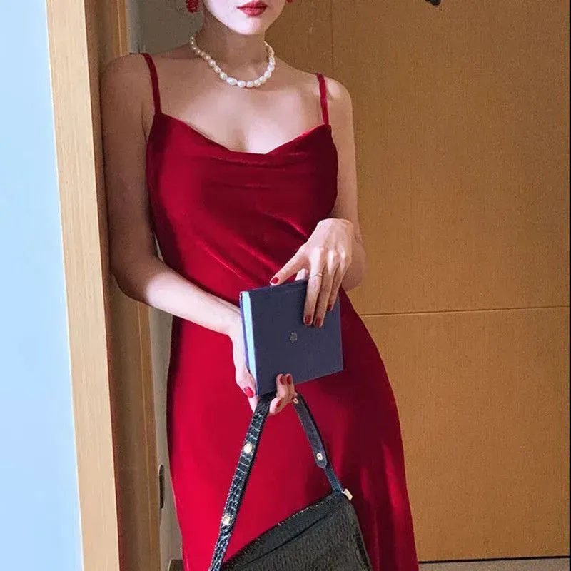Платье AimWearing Французское платье с затягиванием талии / платье средней длины / бархатное универсальное платье на базе