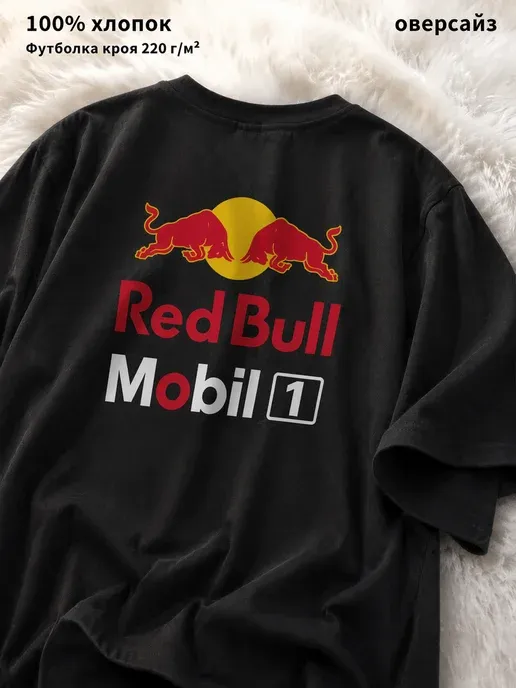 Черная оверсайз футболка с принтом Red Bull
