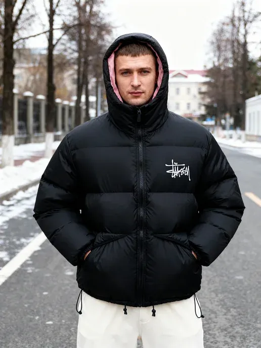 Зимний пуховик с капюшоном stussy