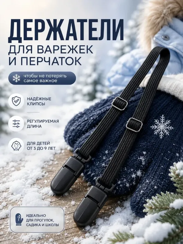 Фиксатор/ шнурок для перчаток детский, цвет черный держатель для варежек нетеряй, аналог резинки для рукавичек с крючками клипсами