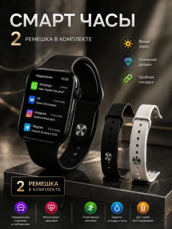 Смарт часы мужские умные с 2 ремешками