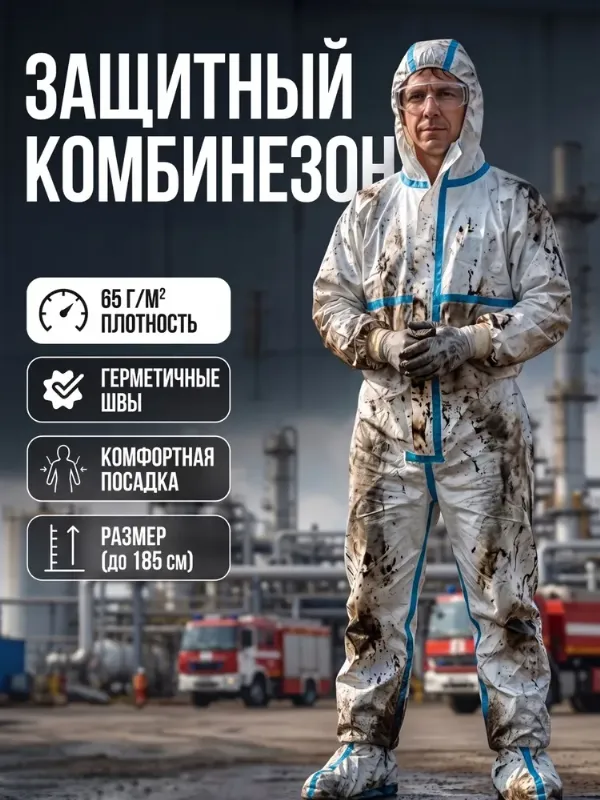 Комбинезон одноразовый с БАХИЛАМИ (2XL) рост до 185см,защитный,рабочий,для химзащиты,для промышленности,для маляра,для мед.работника,костюм каспер