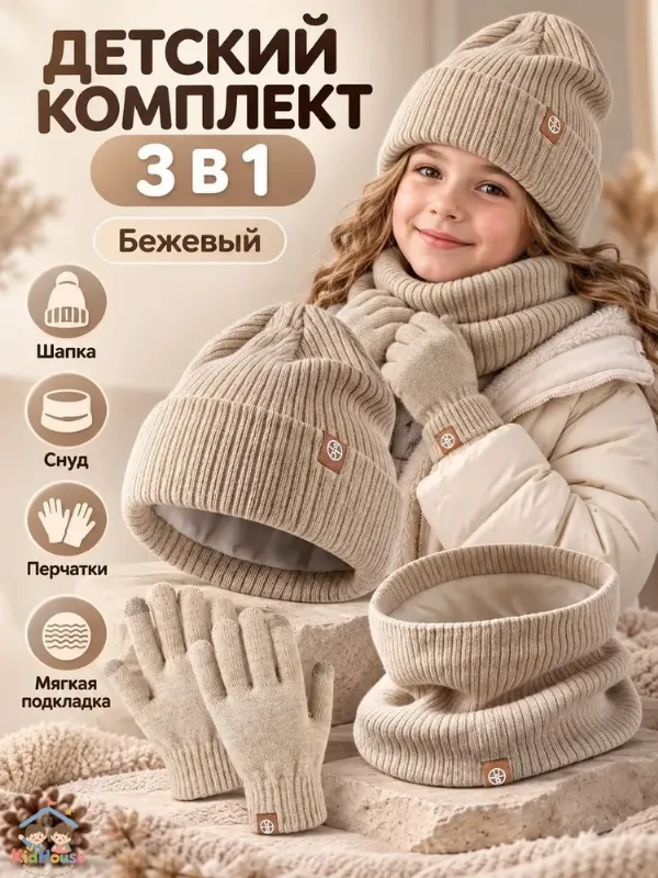 Шапка комплект с аксессуаром Детский зимний комплект шапка шарф перчатки, 3 шт