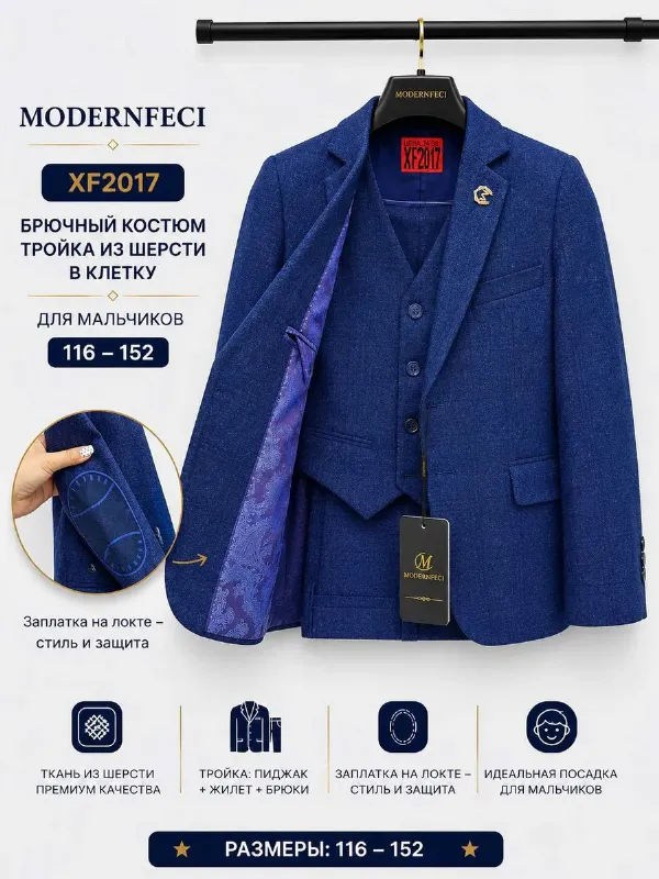 Костюм-тройка из клетчатой шерстяной ткани для подростков.
