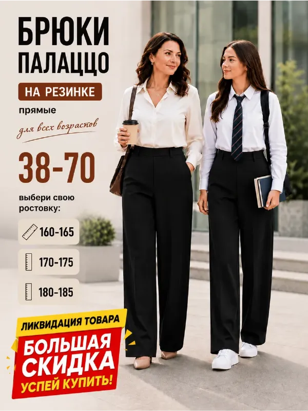 Брюки прямые на резинке палаццо большие размеры